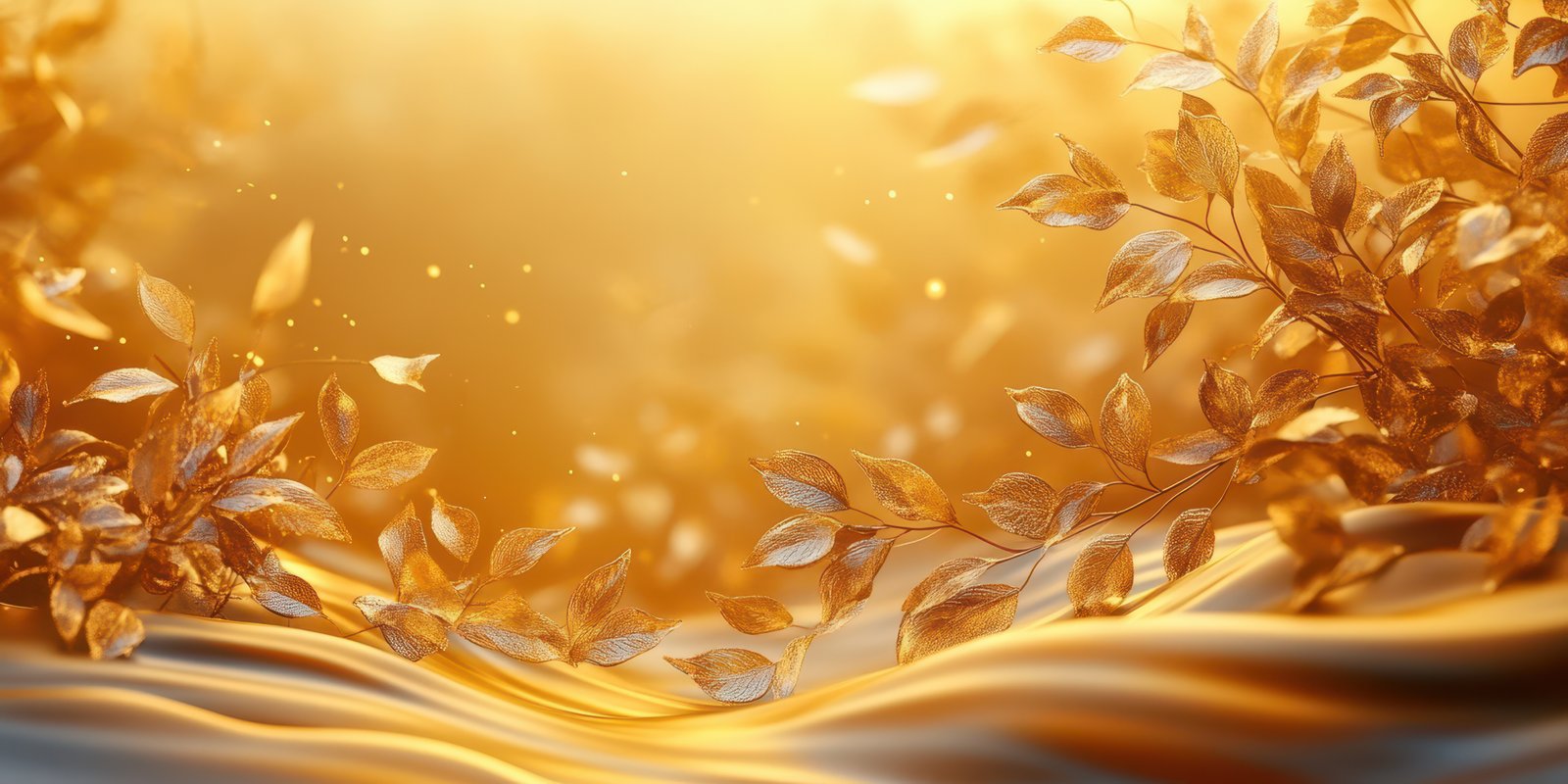 Golden leaves and swirling fabric create a serene atmosphere in an enchanting natural setting